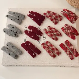 Red plaid and wool felt snap hair clips set for women in elegant autumn winter style