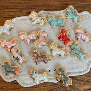 Handmade Song Brocade Horse Brooches with Chinese Embroidery Patterns and Gold Trim