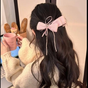 Fermaglio per capelli rosa a fiocco multistrato con cristallo e nastro lungo