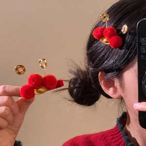 Red plush hair clip with gold fortune coin and yuanbao charm for New Year and Christmas