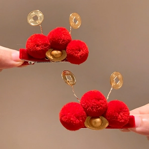 Chinese New Year red plush hair clips with gold sycee and ancient lucky coins