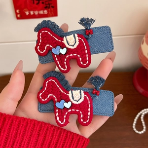Cute Cartoon Red Horse Embroidery Hair Clip For Girls Handmade Denim Pony BB Clip Animal Fashion Hairpin Hair Accessories