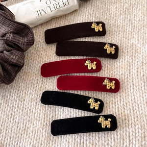 Velvet hair clip set with 6 pieces in black, brown and wine red with golden dog accents