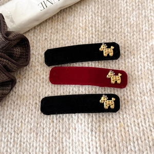 Detail of velvet rectangle BB hair clips with gold puppy charms and rhinestones