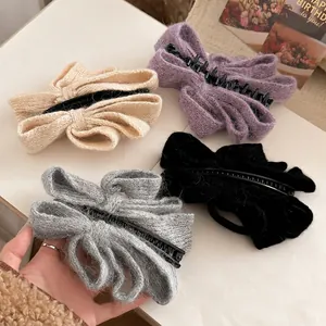 Winter knitted bow banana clips set in beige purple black and gray for high ponytails