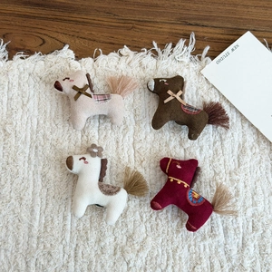 Set of four cute plush horse brooches in beige, brown, white and wine red colors