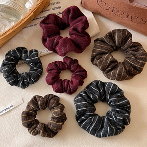 Retro knitted striped scrunchies set in burgundy, coffee, and black for women hairstyles
