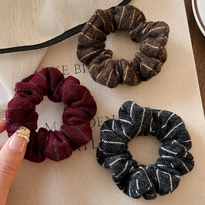 Vintage knitted striped scrunchies set in burgundy, brown and black for ponytail styling