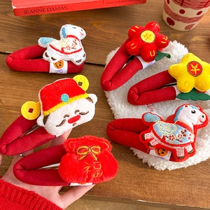 Chinese New Year 6-piece red plush hair clip set featuring God of Wealth and Fu designs