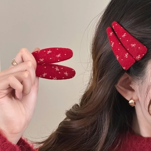 Festive New Year Red Bow Snap Hair Clips For Women Handmade Fabric Oval Triangle Bangs Clip Hairpins Hair Accessories