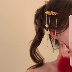 Traditional Chinese gold ingot hair clip with red beads and long tassel coin charms