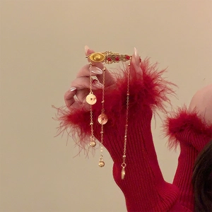 Chinese New Year hair clip with gold sycee, copper coin tassels and red beads
