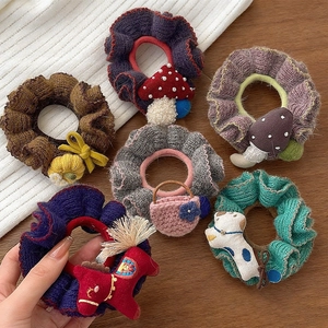 Autumn Winter Knit Woolen Scrunchie For Women Cartoon Pony Mushroom Pumpkin Design Korean Style New Year Hair Tie Accessory