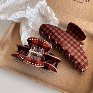 Plaid hair claw clip set in cocoa brown featuring rhinestone accents for hair styling