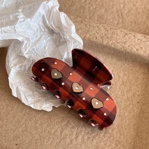 Vintage cocoa brown plaid hair claw clip with heart accents and sparkling rhinestones