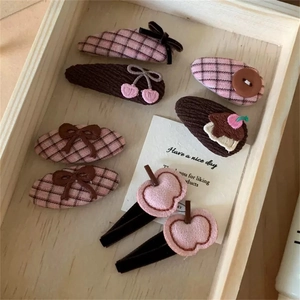 Set di 8 fermagli per capelli rosa e marroni con fiocchi e graziose trame in tessuto