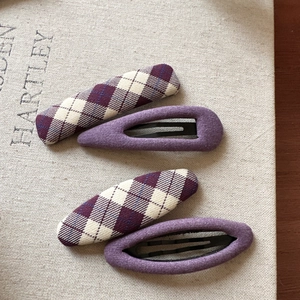 Set of 4 purple plaid fabric hair clips including rectangle and teardrop BB clips