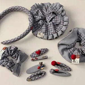French Vintage Blue Gray Plaid Fabric Scrunchies Bow Hair Ties Pleated Handmade Sweet Plaid Hair Band Women Daily Hair Accessories