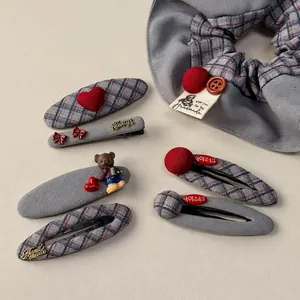 Blue-gray plaid and red scrunchie hair accessory set with cute bear and bow details
