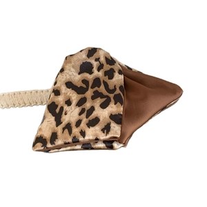 Brown leopard print satin scrunchie with beige braided elastic band for hair styling