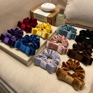 Premium velvet double-layered bow hair scrunchies in ten elegant colors for women