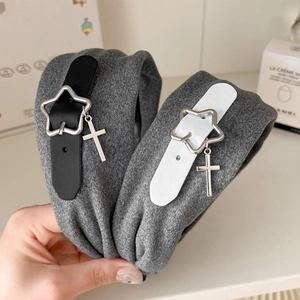 Grey Woolen Headband With Star Buckle Leather Strap And Cross Pendant Korean Sweet Cute Hair Hoop Fashion Hair Accessories