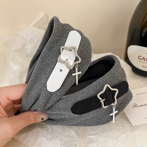 Grey wool headband featuring leather buckle straps and silver star cross charms