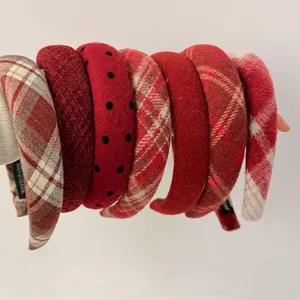 Handmade Red Plaid Padded Headband Vintage Tweed Knitted Polka Dot Hair Band High Top Headwear For Women Daily Styling