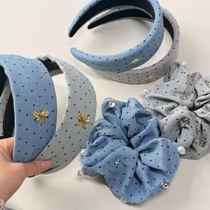 Accessori per Capelli a Pois Stile Coreano Perla Artificial Strass Tessuto Cerchietto Elastico per Capelli Retro Elegante Donna Uso Quotidiano