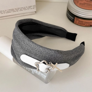 Grey wool headband with leather buckle and silver star cross charms for women