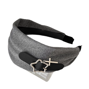 Grey felt headband featuring black faux leather straps with silver star and cross charms
