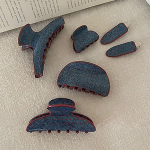 Retro Polka Dot Denim Blue Hair Claw Clip For Women Vintage Cellulose Acetate Large Hair Catch Clip Korean Style Hair Accessories