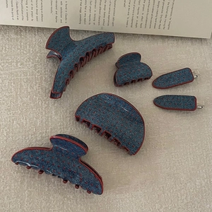 Retro denim blue hair claw clip set with red polka dots and metal spring details