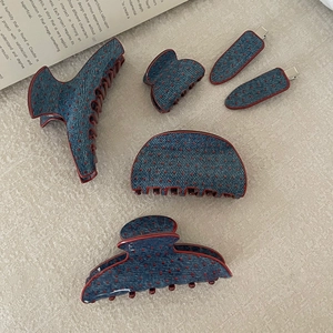 Retro denim blue hair claw clip set with red polka dots for vintage women styling