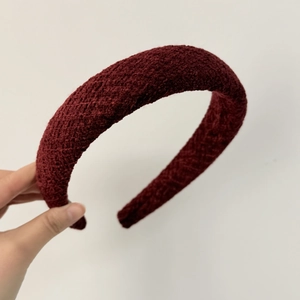 Elegant thick red plaid headband with tweed texture for high crown hair styling