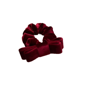 Elegant wine red velvet scrunchie with double-layered bow for hair styling