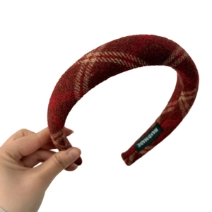 Thick handmade red plaid headband with a high-top design and vintage checkered pattern