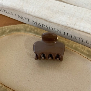 Detail einer dunkelbraunen Haarklammer auf einem luxuriösen goldenen Tablett