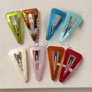 Set of 8 colorful vintage acetate triangle hair clips with France Handmade engraving detail