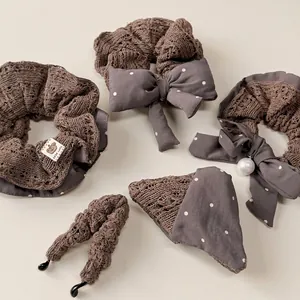 Knitted Polka Dot Bow Scrunchie Vintage Fabric Hair Ties With Artificial Pearl Brown Grey Hair Accessories For Women