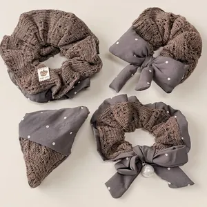 Chic autumn knit polka dot bow scrunchies set in vintage coffee grey with pearl detail