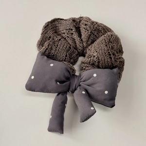 Brown knitted polka dot bow scrunchie with elastic hair tie for women stylish accessory