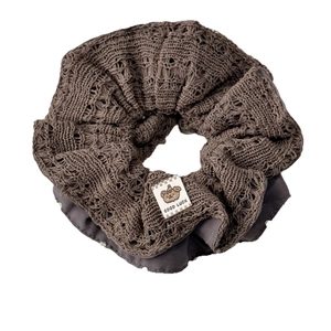 Brown knitted lace scrunchie with polkadot pattern and a cute teddy bear label