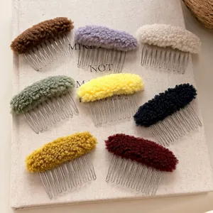 Lambswool Plush Hair Comb For Women Autumn Winter Handmade Metal Insert Comb Solid Color Elegant Hair Styling Accessory