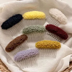 Colorful plush teddy fleece hair combs in various candy colors for winter hairstyles