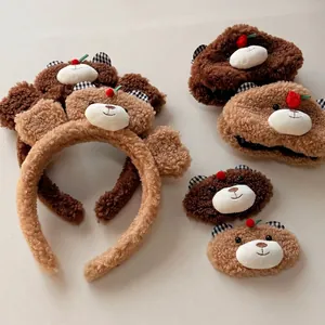 Cute teddy bear plush hair accessories set with fuzzy headbands and claw clips for women