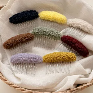 Colorful plush lamb wool hair combs with metal teeth in eight soft candy colors
