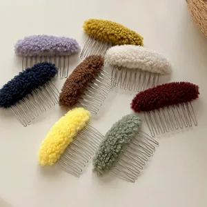 Colorful plush lamb wool hair side combs for women in various candy colors for autumn winter