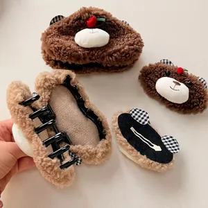 Cute plush brown bear hair clip set with cherry and checkered patterns for women