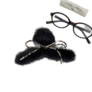 Pince à cheveux élégante en peluche noire avec nœud léopard pour coiffure femme